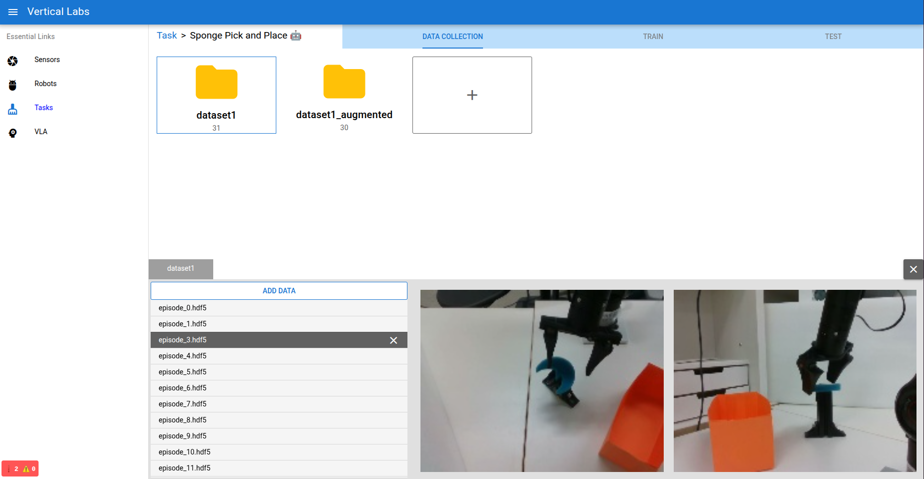 Easy Trainer 데이터 수집 및 Robot AI 운영 화면